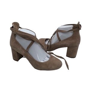 Jessica Simpson Venya Suede Totally Taupe Ankle Wrap Block Heels Size 9 Women's
